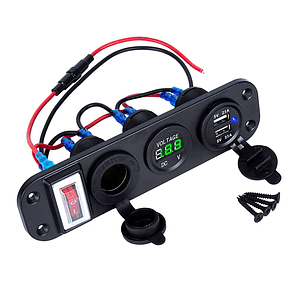 Panel con interruptor, Voltímetro LED, doble cargador USB, socket 12V