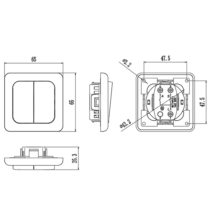 Interruptor doble SPST on/off negro bajo perfil 250V 16A 2