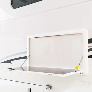 Mesa exterior lateral blanca con luz led para casa rodante y motorhome