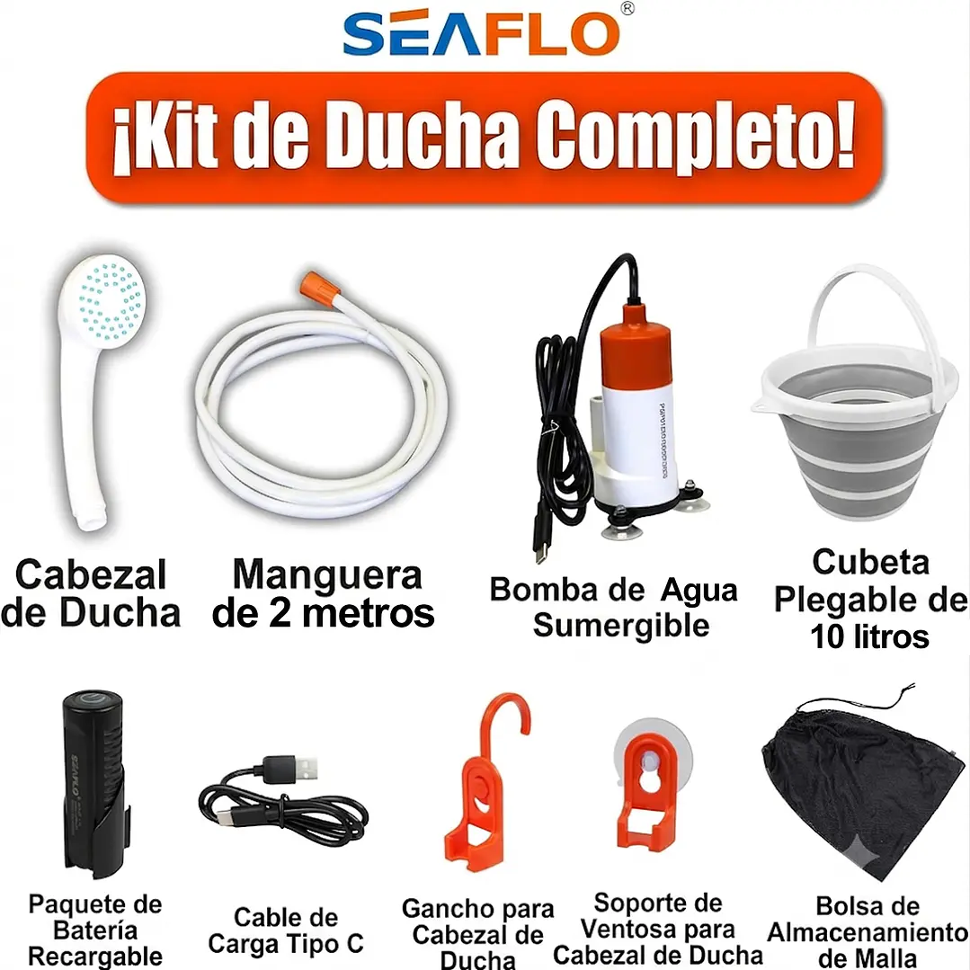 Ducha portátil 12V con batería litio y balde colapsable 7
