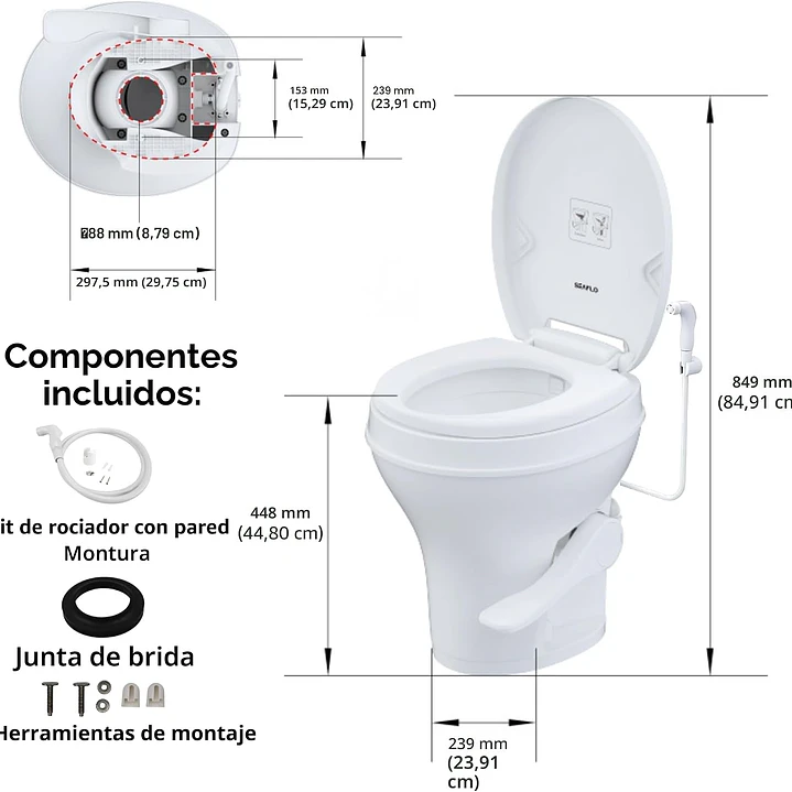 Baño Seaflo descarga gravedad a pedal incluye rociador para casa rodante 6