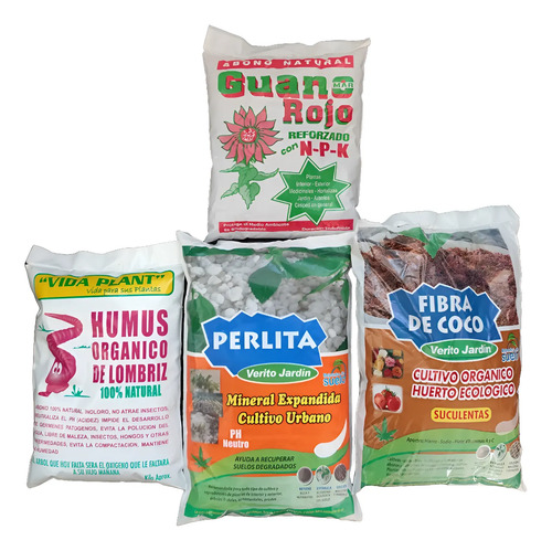 Pack De 4 Sustratos: Humus, Perlita, Fibra De Coco Y Guano 1