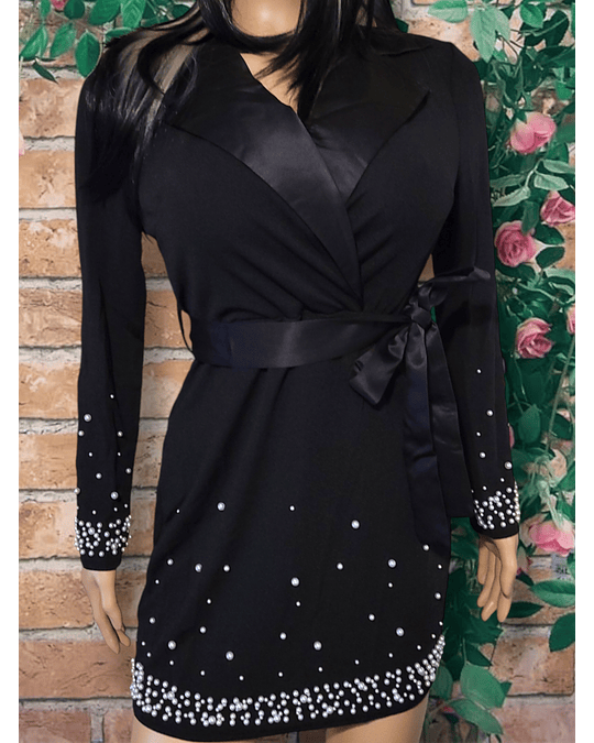 Pearl Belted Lapel Black Elegance Dress 