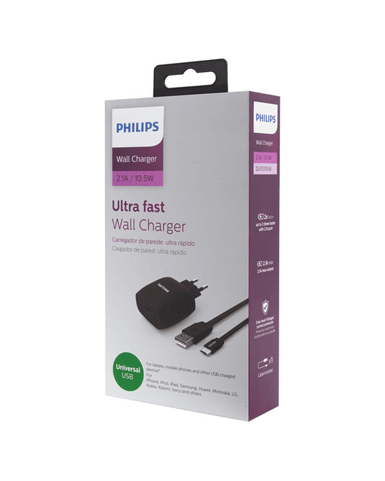 CARGADOR 2,1 CON CABLE MICRO USB PHILIPS