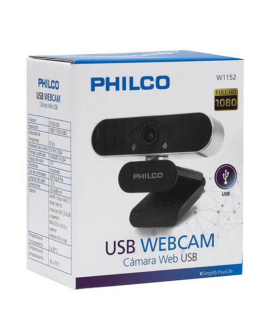 Webcam Philco 1080p. 30fps. Ángulo de Visión 110º. Cámara Web