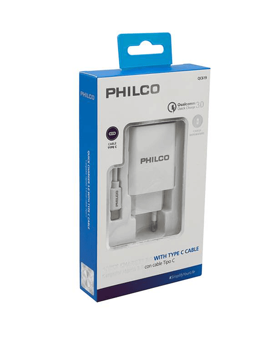 Cargador de Pared Philco Qualcom 3.0, Potencia 18W, Incluye Cable USB-C 1.2 Metros, Blanco