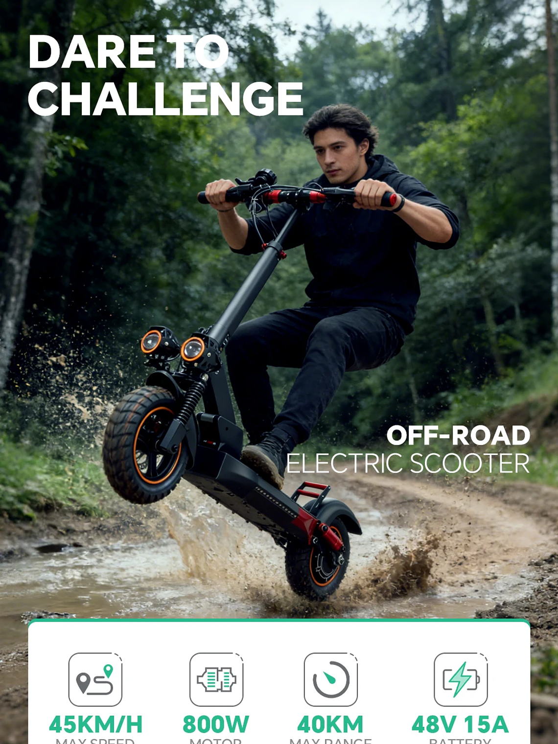 Patinete Eléctrico MX-14 800W | 45 km/h · 40 km Autonomía · Ruedas Off-Road 10” · Plegable 2