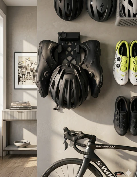 Organizador de ciclismo: Casco, zapatillas y ciclocomputador en uno