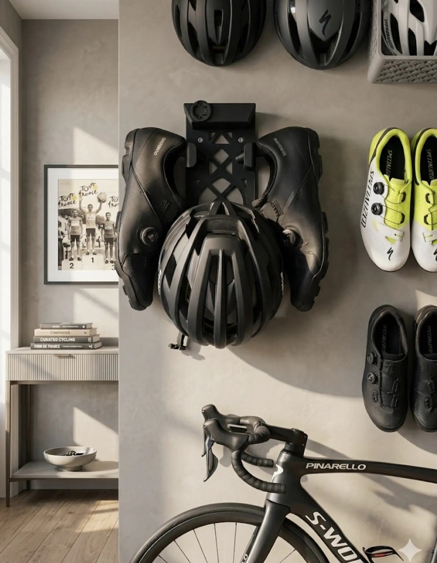 Organizador de ciclismo: Casco, zapatillas y ciclocomputador en uno 1
