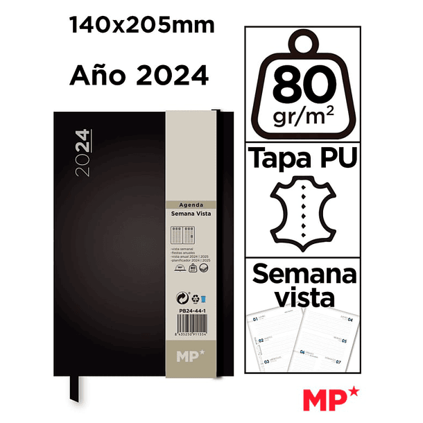 Agenda 2024 Tapa Pu Semana Vista 140X205mm Black MP 