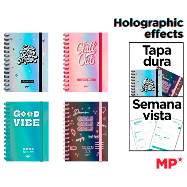 Agenda 2024 Tapa Dura con elástico Sem.Vista Efectos Holográficos 120X170 mm 