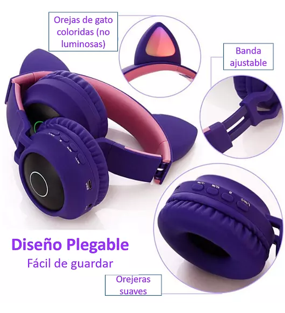 Auriculares Bluetooth Con Orejas De Gato Plegables Con Micrófono