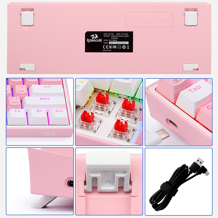 Teclado Mecánico Redragon Fizz Pink White K616 Rgb 5