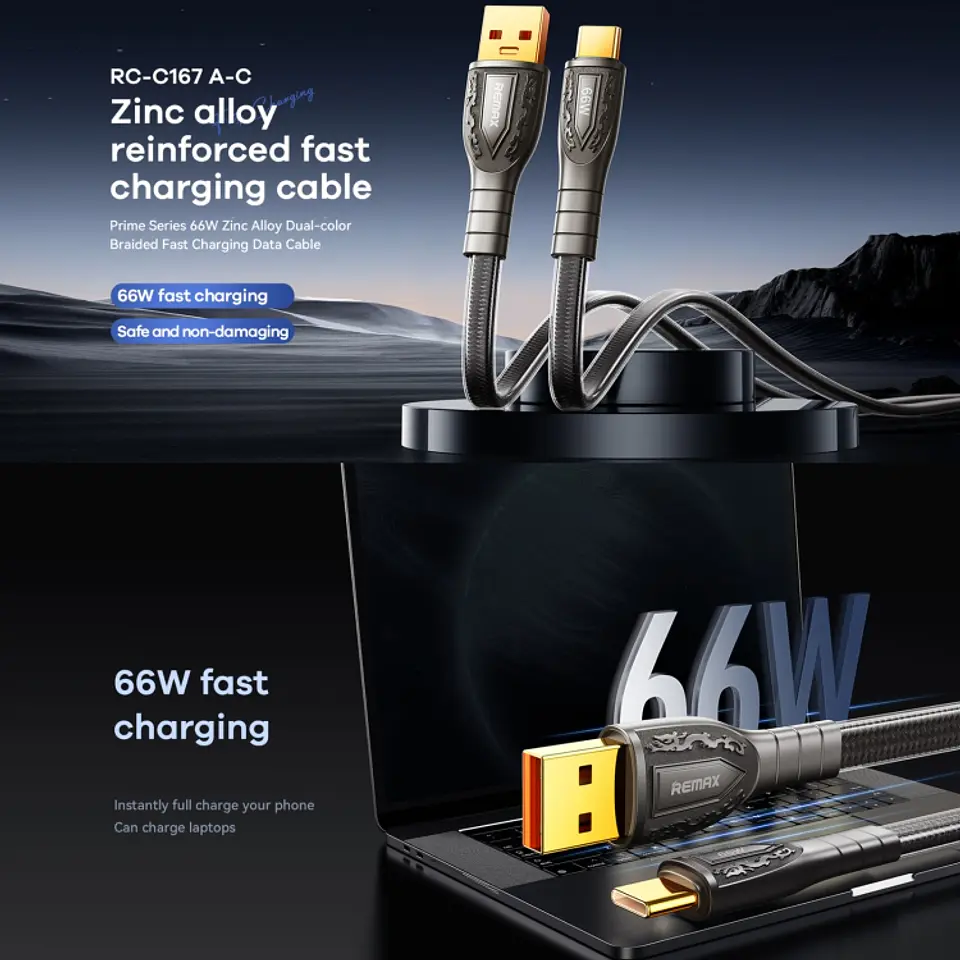 Cable USB A Tipo/C RC-C167 66W Black Zinc Alloy REMAX  4