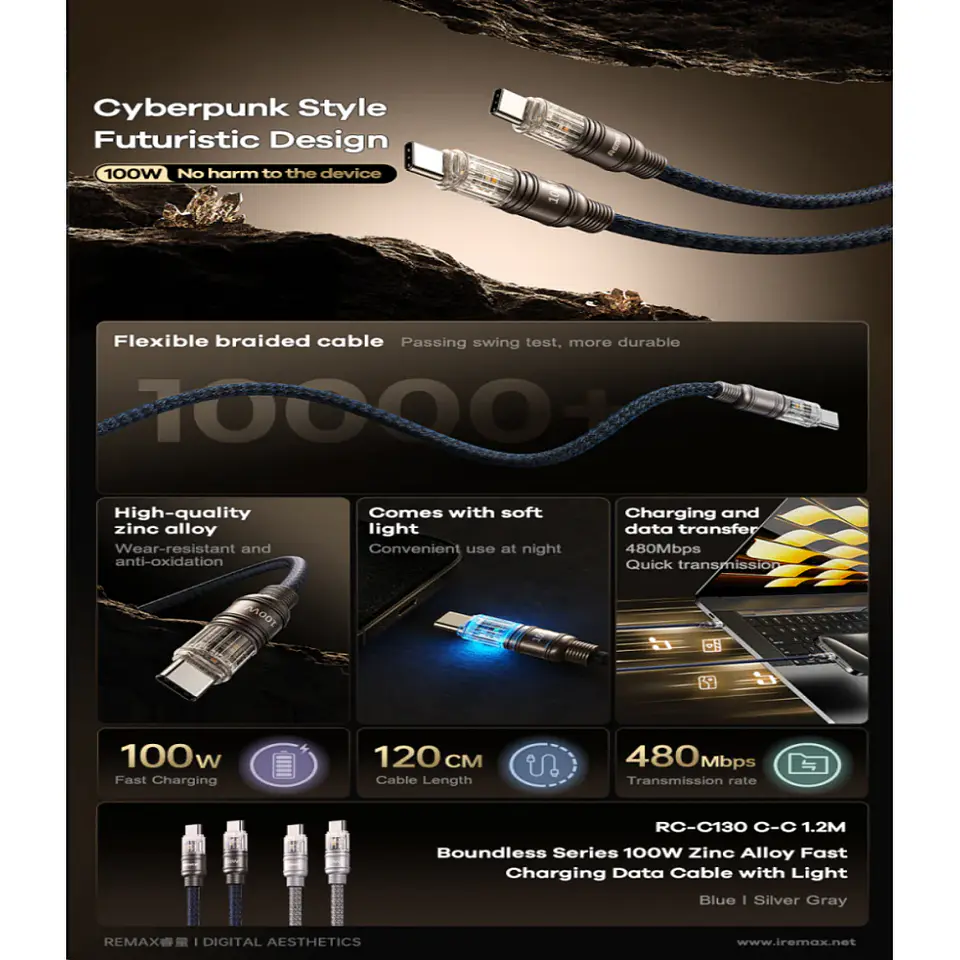 Cable USB/C A Tipo/C RC-C130 100W Blue Zinc Alloy Boundles REMAX  2