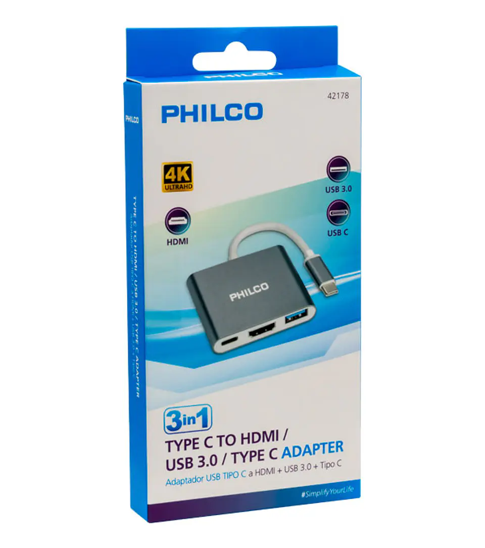 Adaptador HUB Tipo C 42178  A HDMI + USB 3.0  3 en 1 4K PHILCO  2
