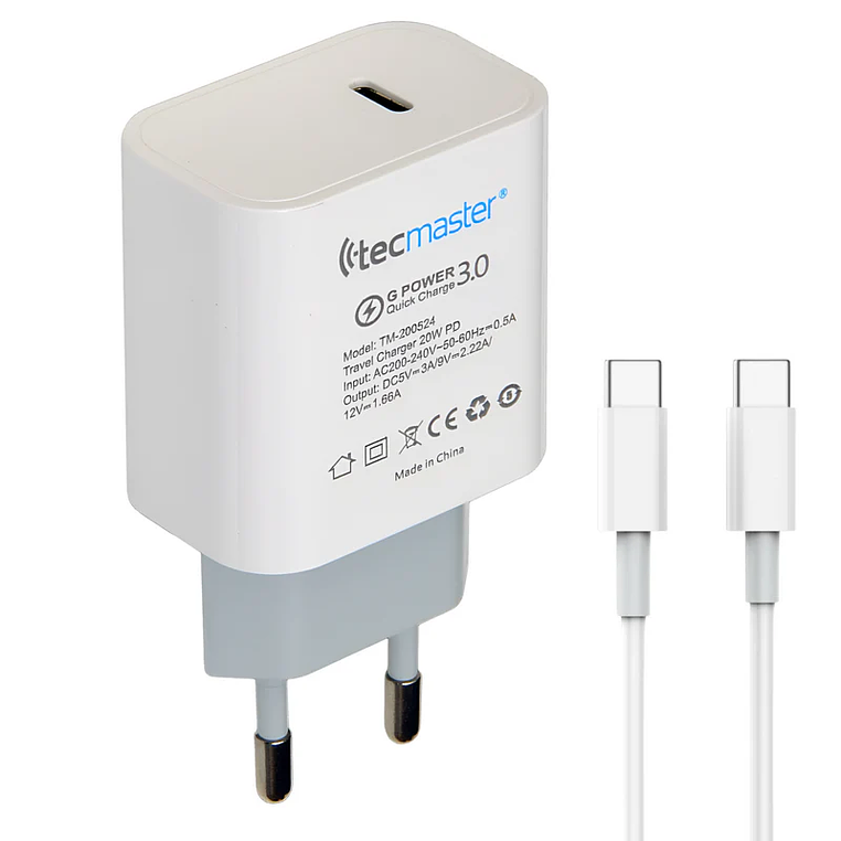 CARGADOR DE VIAJE TIPO C INCLUYE CABLE C A C CARGA RAPIDA TM-200524 TECMASTER 1