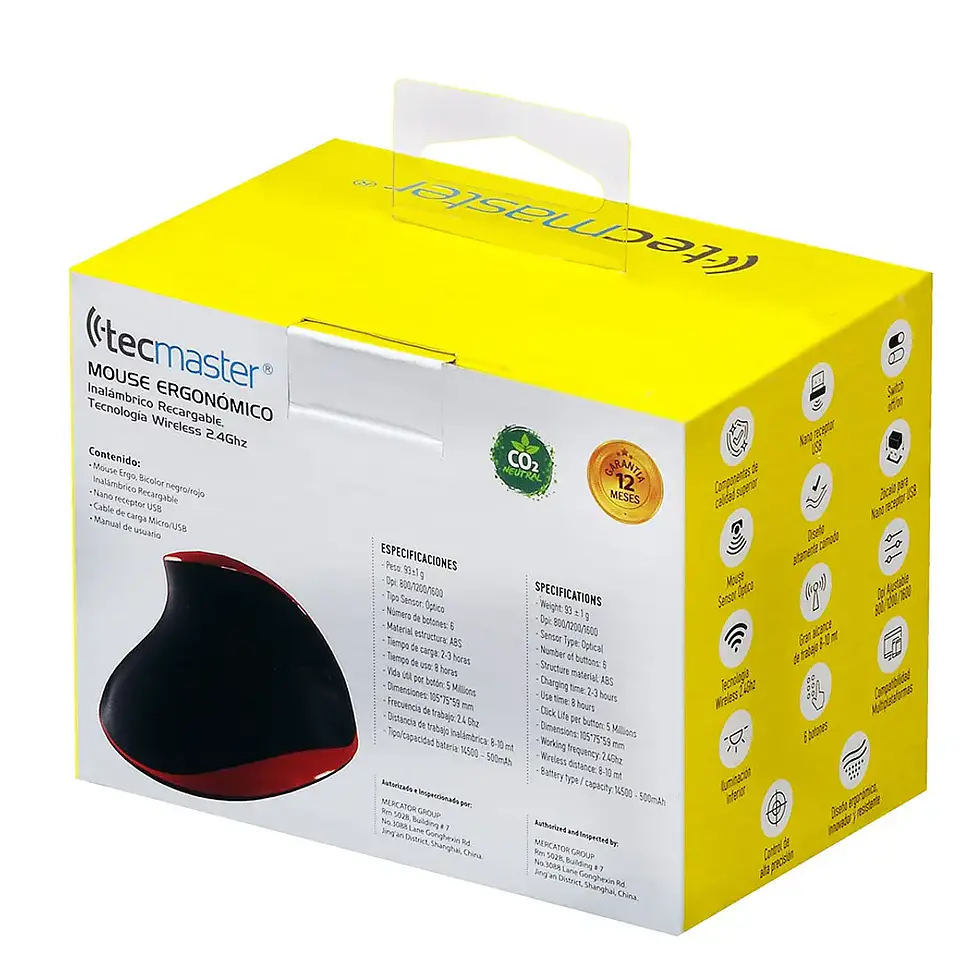 MOUSE INALAMBRICO ERGONOMICO RECARGABLE NEGRO TM-100545 TECMASTER 4