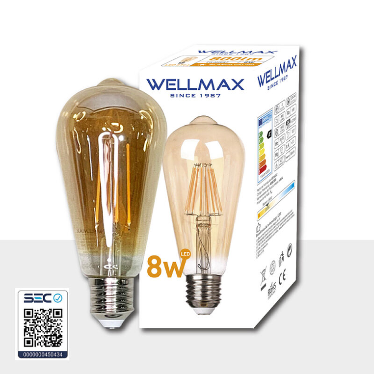 Ampolleta Deco ST64 8w Ámbar 2500k Filament Led E27 Wellmax 2