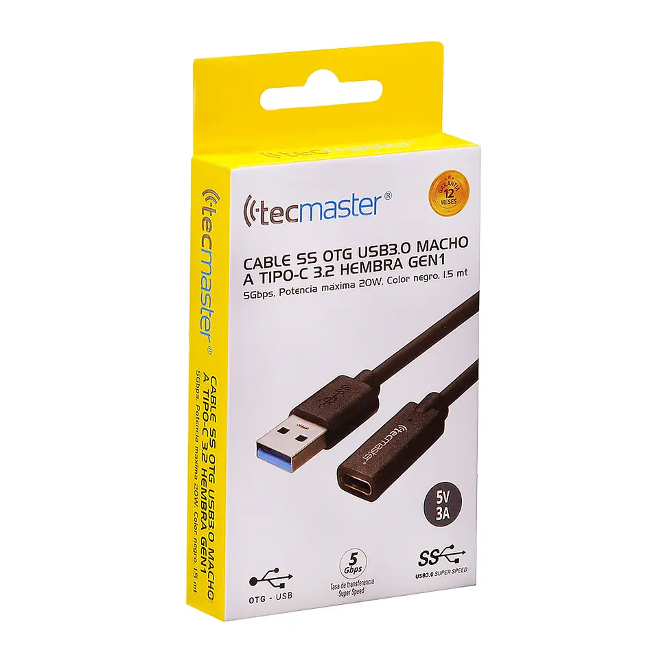 TECMASTER CABLE OTG 1.5 MTRS-USB 3.0 MACHO A TYPE-C HEMBRA-5GBPS, NEGRO 3