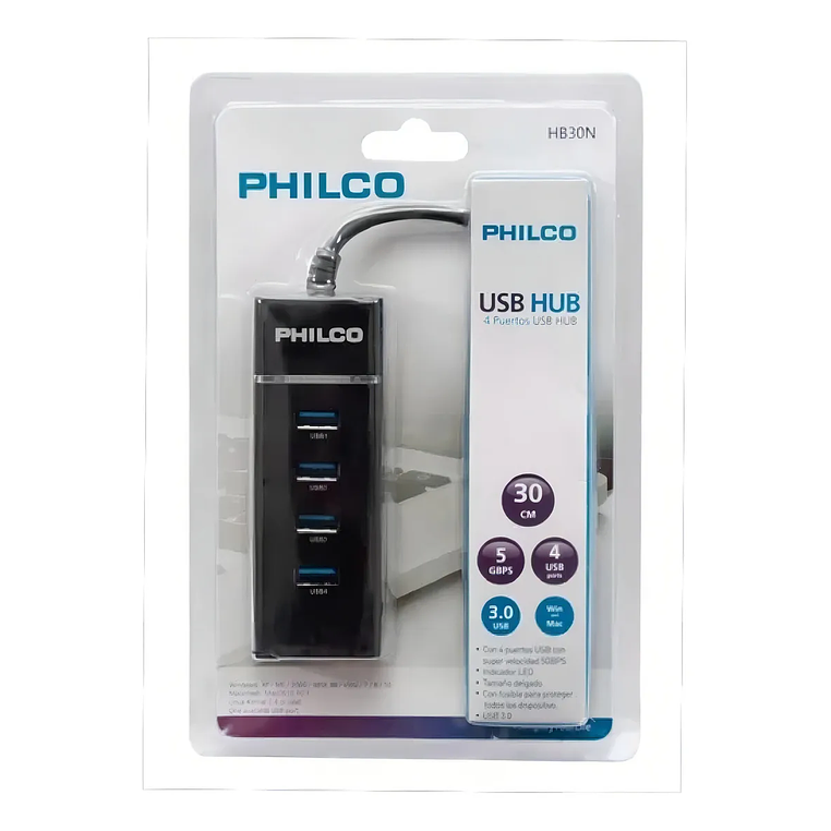 Hub Usb 3.0 4 Puertos Con Luz Philco Hb30n Negro  2