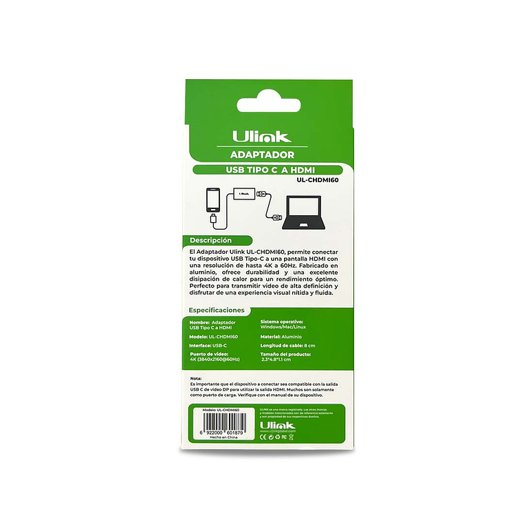Adaptador USB tipo C a HDMI 4K60Hz Mod. UL-CHDMI60 3