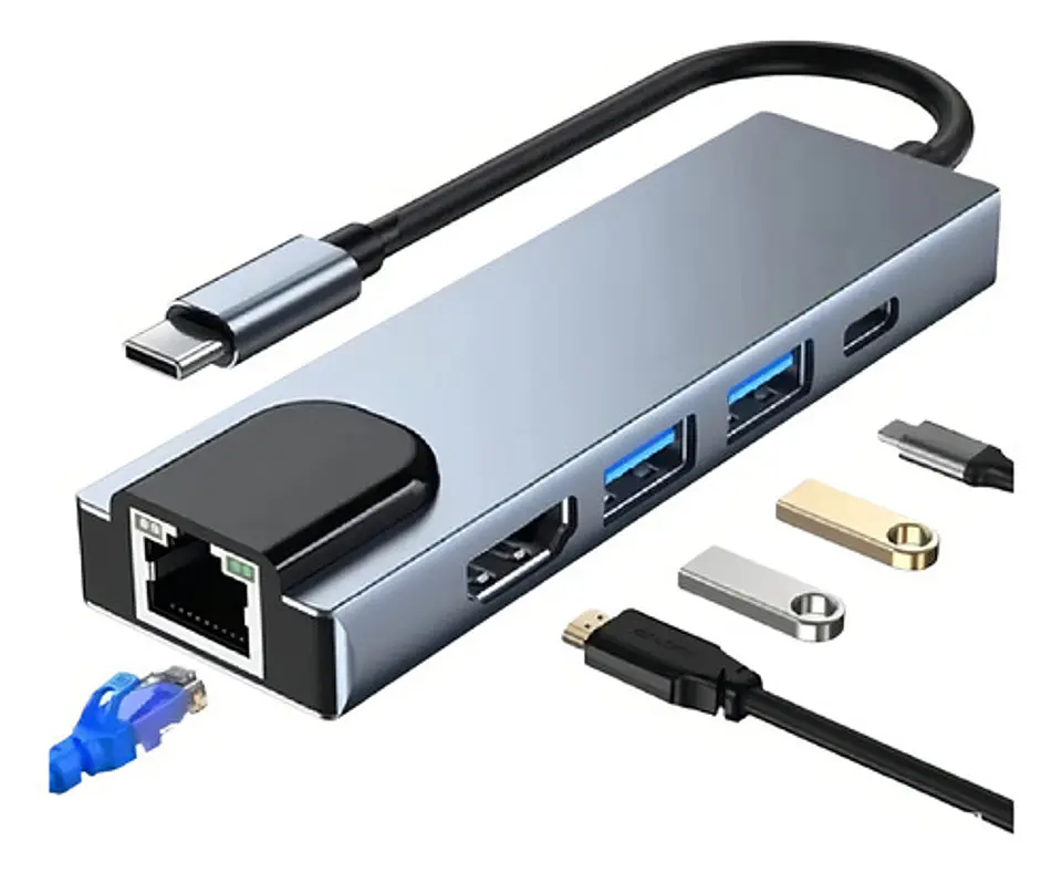 Hub Adaptador 5 En 1 Tecmaster Tm-100541 Usb-c Hdmi Rj45 Pd 1
