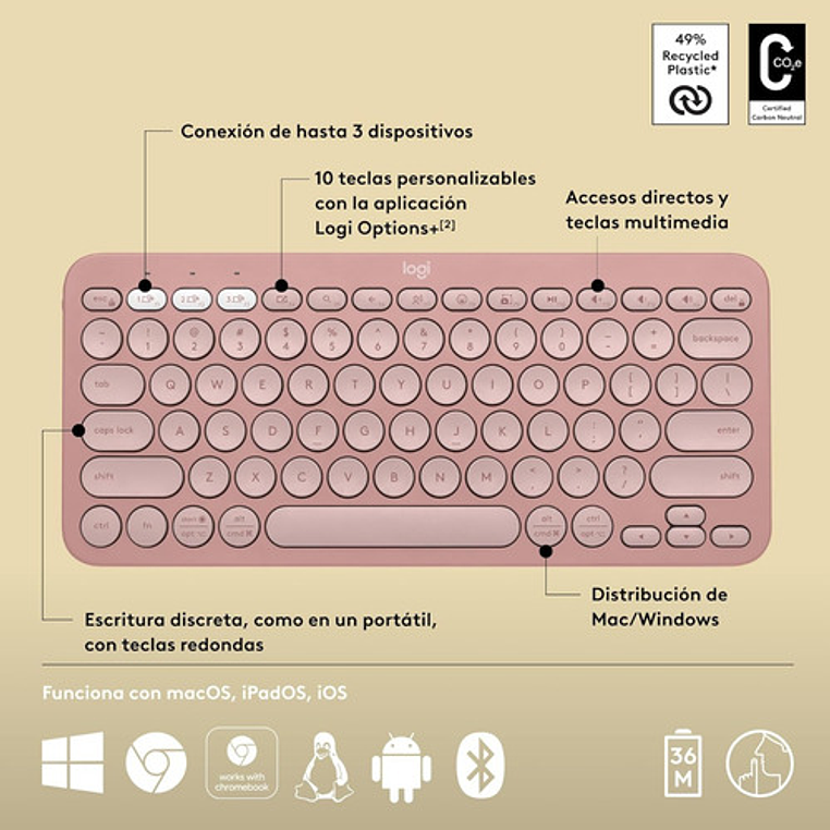 Teclado Bluetooth Logitech Pebble Keys 2 K380s Qwerty Teclado Rosado Idioma Español 6