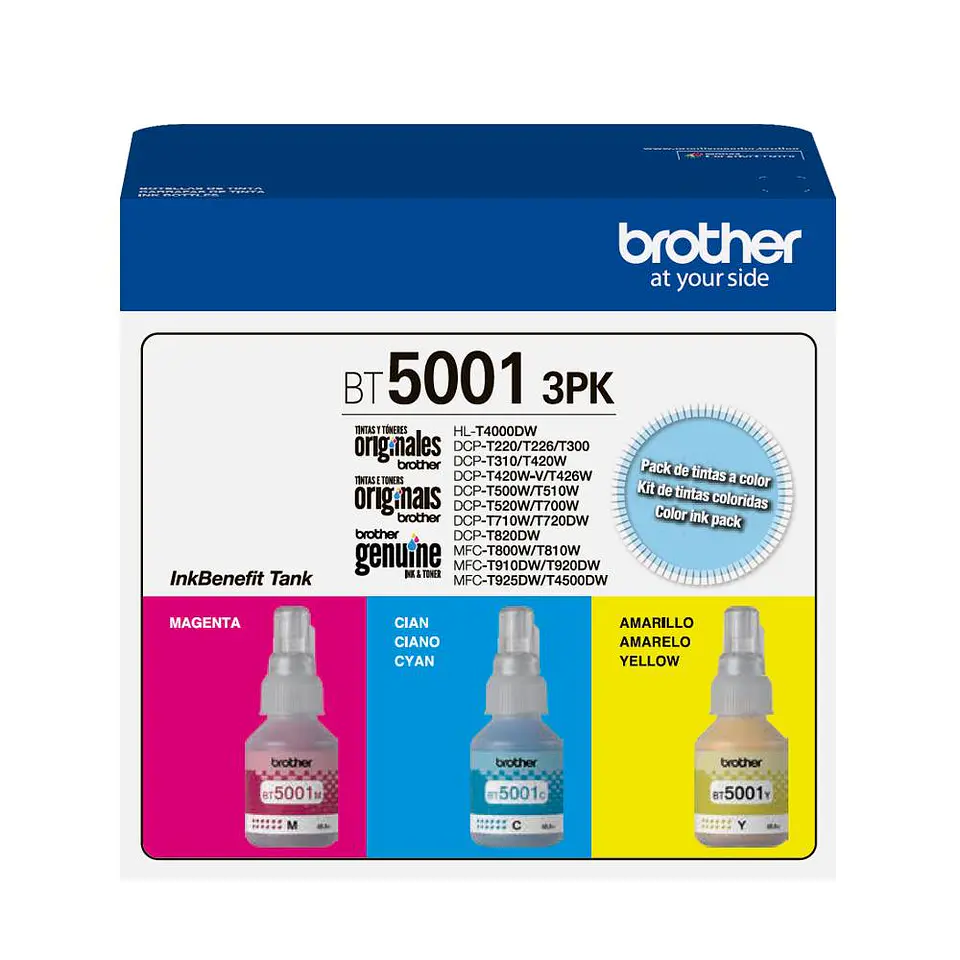 Pack de Botellas Tinta Original Brother BT5001 Cian, Magenta y Amarillo – Rendimiento 5.000 Páginas 1