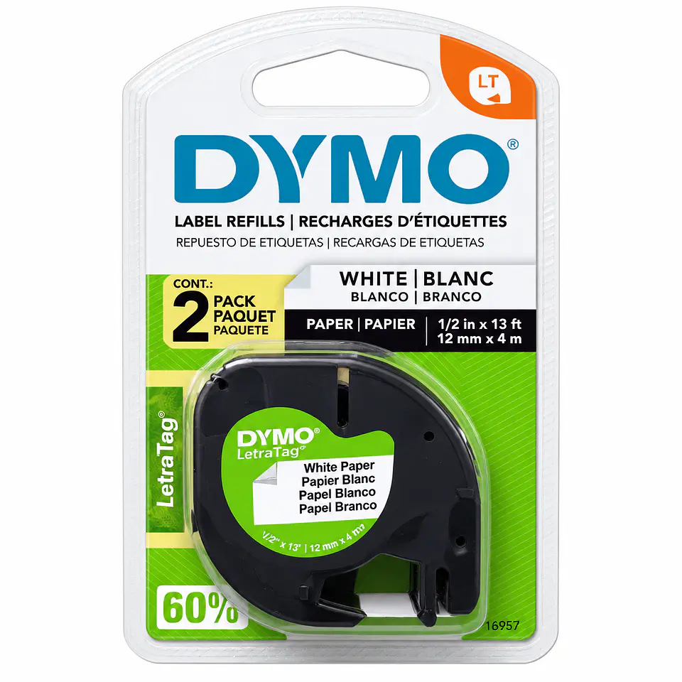 Cinta Rotuladora Original DYMO LetraTag 10697 Papel Blanco 12 mm x 4 m – Pack 2 Unidades 1
