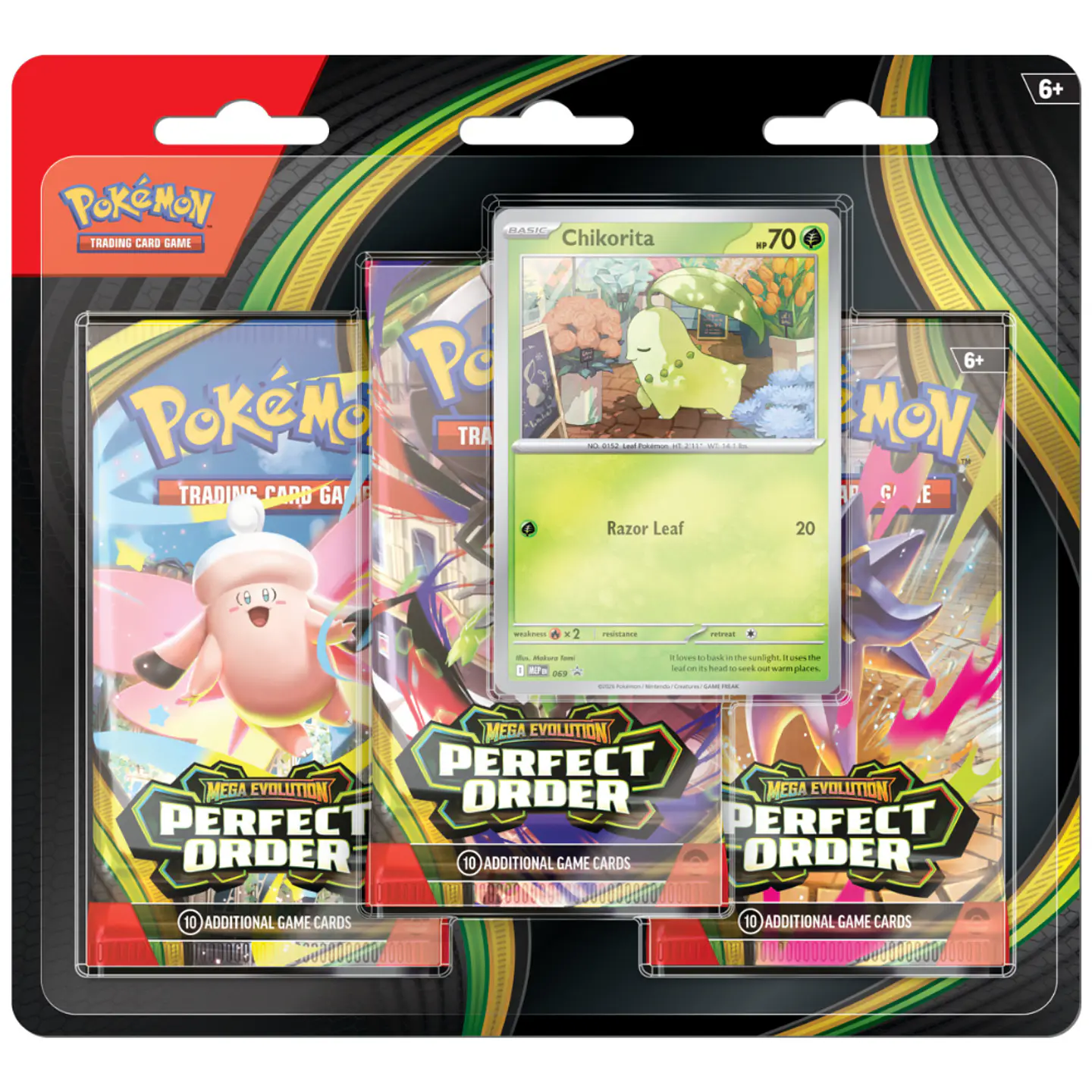Mega Evolution Perfect Order - 3 Pack Blister - Inglés (Chikorita) 1