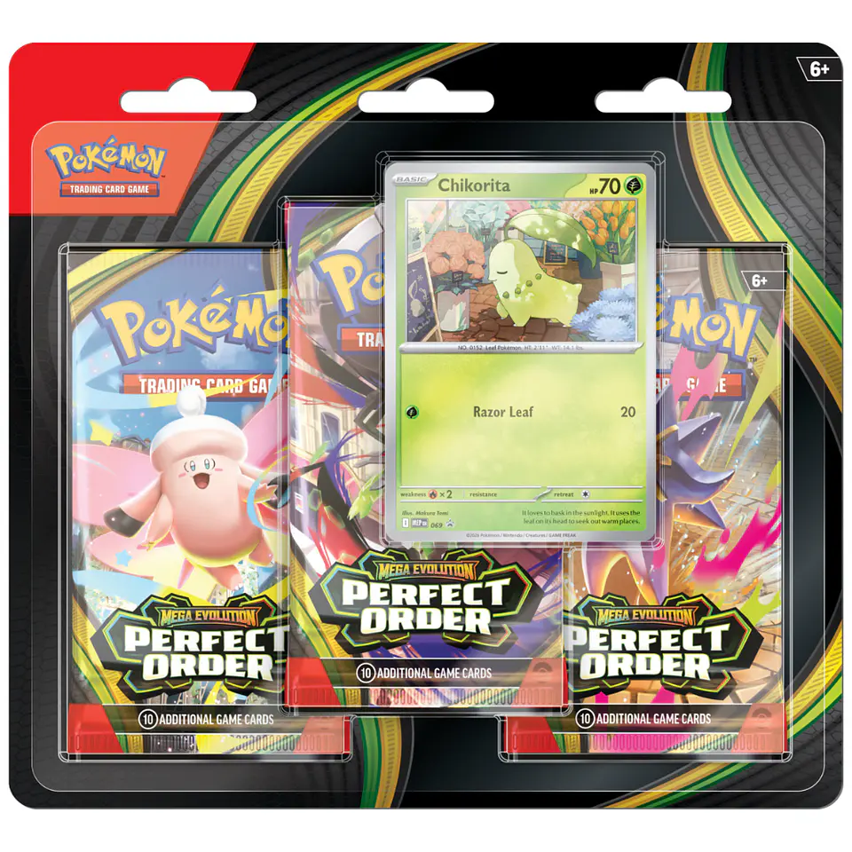 Mega Evolution Perfect Order - 3 Pack Blister - Inglés (Chikorita) 1