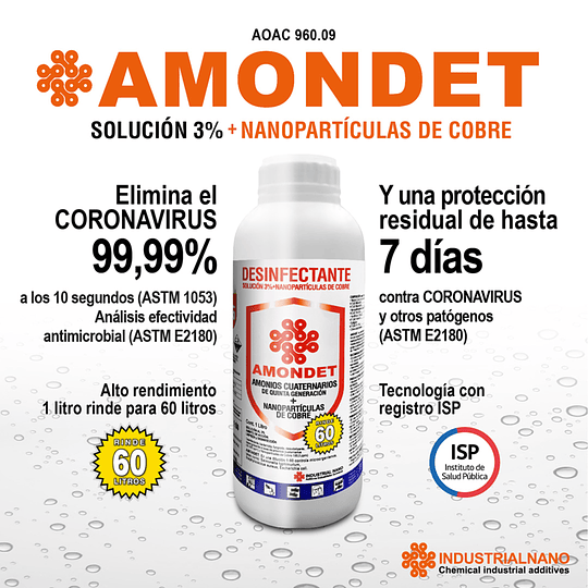 Desinfectante largo plazo AMONDET® - Amonio Cuaternario de 5ta generación - Formato de 1 Litro - IndustrialNano®