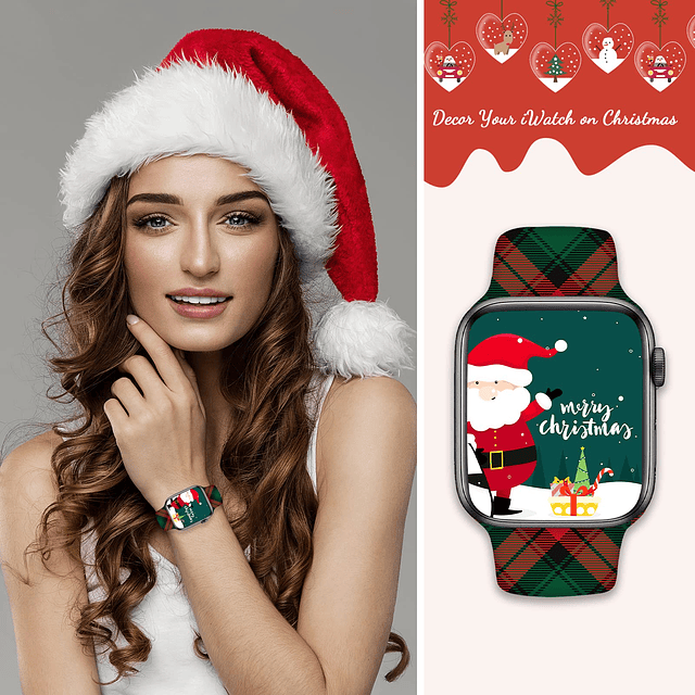 Correa de reloj de cuadros de búfalo rojo y verde navideño c