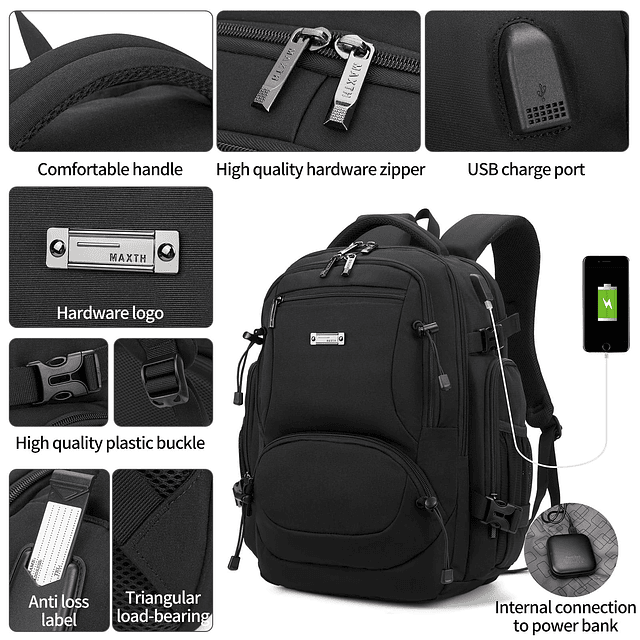 Mochila para portátil de viaje de gran capacidad con puerto