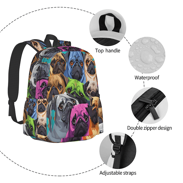 Mochila de 16 pulgadas Cartoonn Colorful Pug Dogs Mochila pa