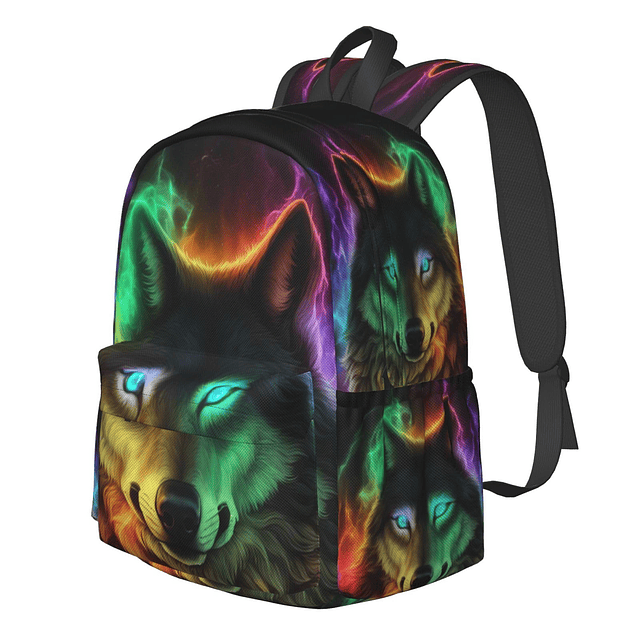 Mochila de 16 pulgadas, diseño de lobo colorido y fantasía,