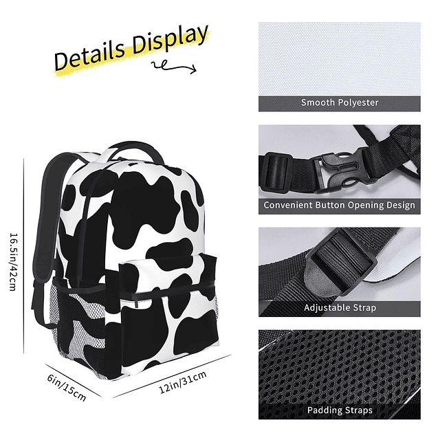 Mochila con estampado de vaca en blanco y negro, mochila esc