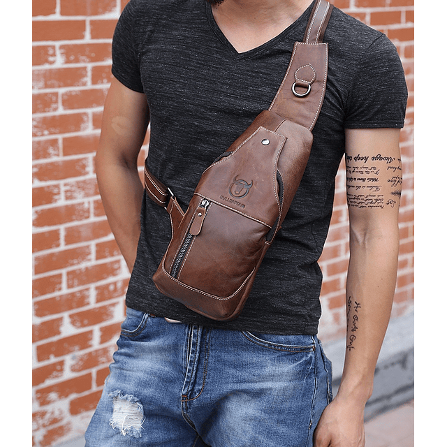 Bolso bandolera para hombre, mochila de cuero auténtico para