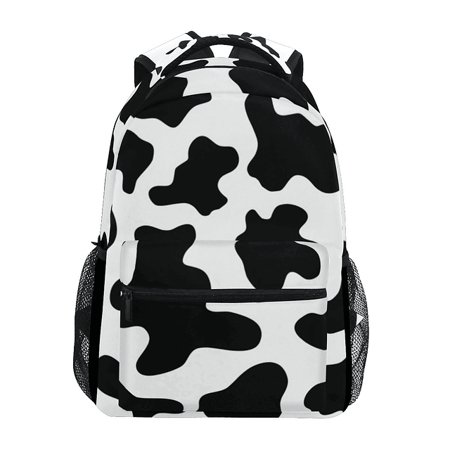 Mochila escolar informal con estampado de vaca en blanco y n