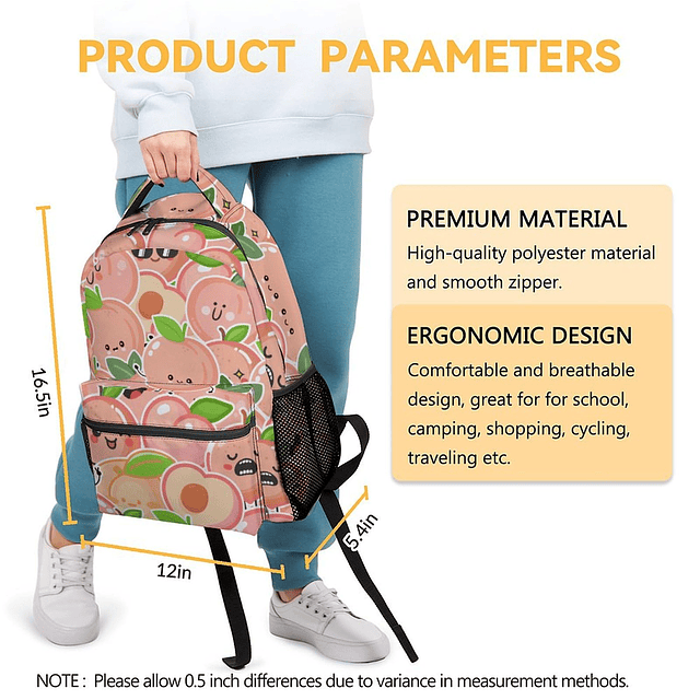 Mochila Peach para niñas - Mochila linda de 16 pulgadas para