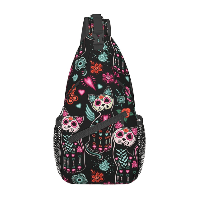 Gato y Calavera Sling Bag Mujeres Crossbody Pecho Mochila Se