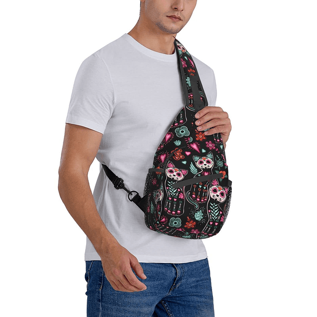 Gato y Calavera Sling Bag Mujeres Crossbody Pecho Mochila Se