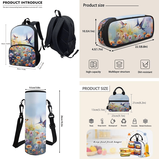 Mochila de colibrí para niñas, 4 piezas, mochila escolar de