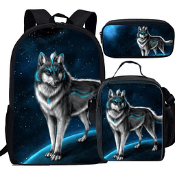 Mochila escolar primaria con diseño de lobo en luna con bols