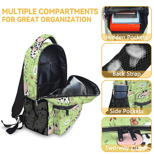 Mochila de vaca para niñas y niños, mochilas negras de 16 pu