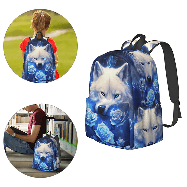 Mochila de 16 pulgadas Fantasy Blue Roses Wolf Mochila para