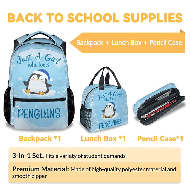 Mochila de pingüino con lonchera, juego de 3 mochilas escola