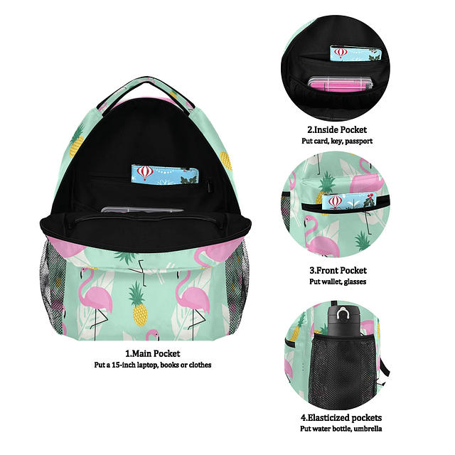 Mochila escolar de flamencos para niñas y niños, hojas de pi