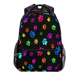 Mochila negra con estampado de huellas de colores, mochila e